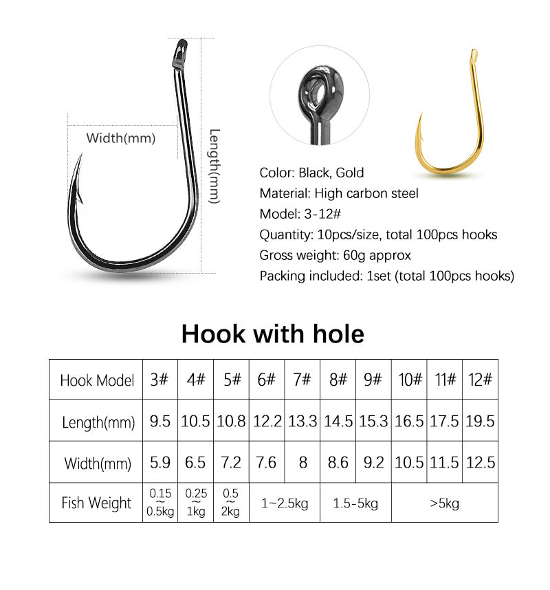 Fishing Hooks Set — 100 Pack, Freshwater & Saltwater